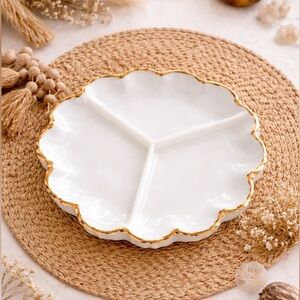 Anchor Hocking Milk Glass 3 Section Divide Dish Gold Trim Platter‎